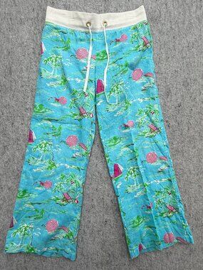 All For Color "Island Time" Tropical Print Linen Beach Pants Women's Large